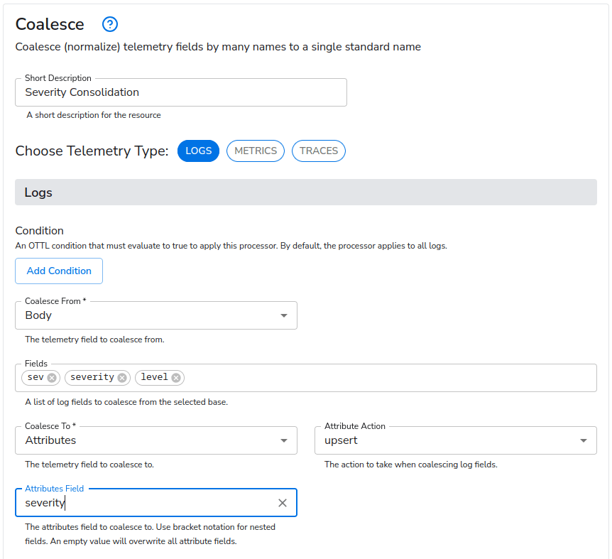 observIQ docs - Coalesce Field - Severity