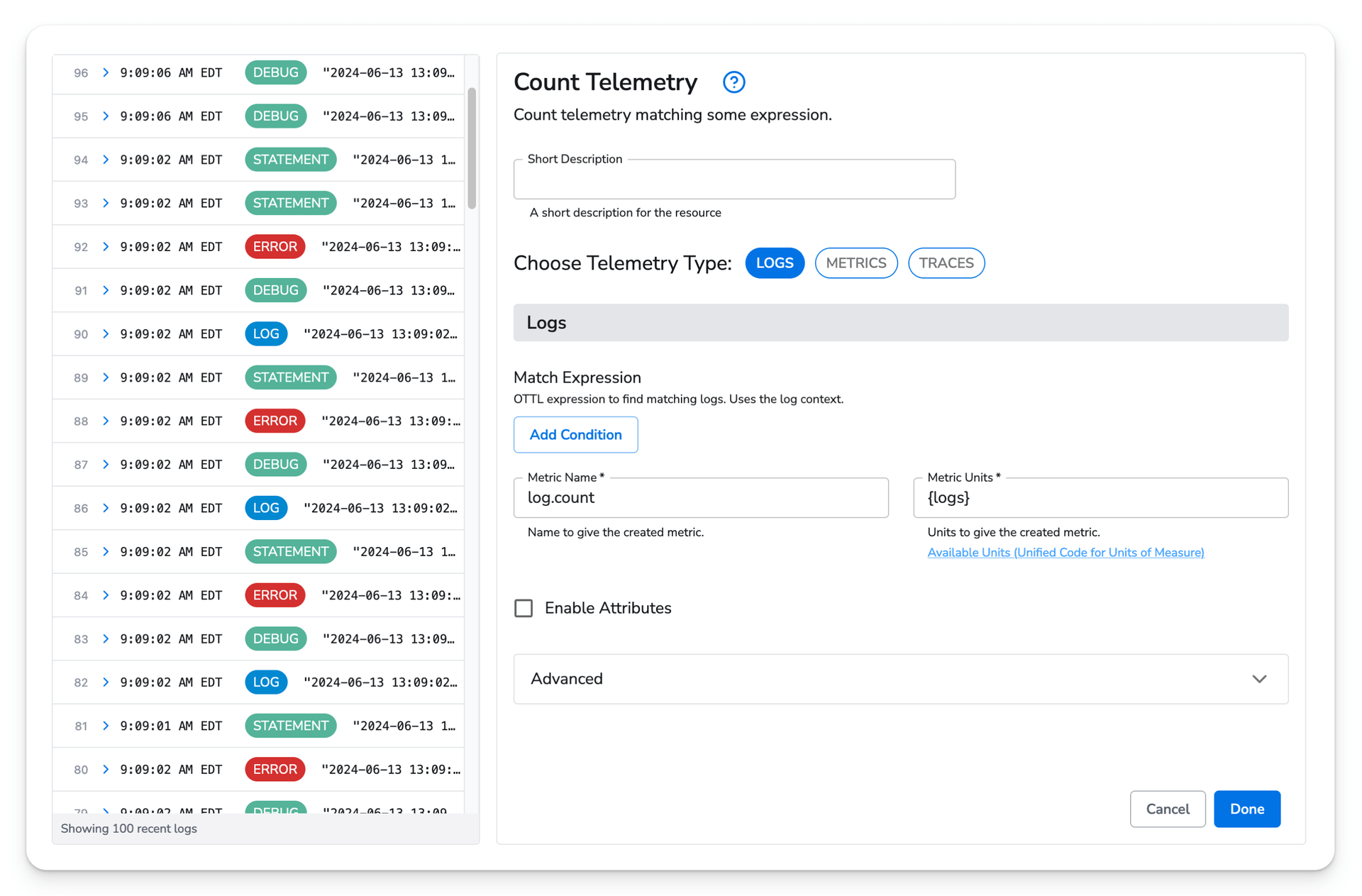 observIQ docs - Count Telemetry - image 1