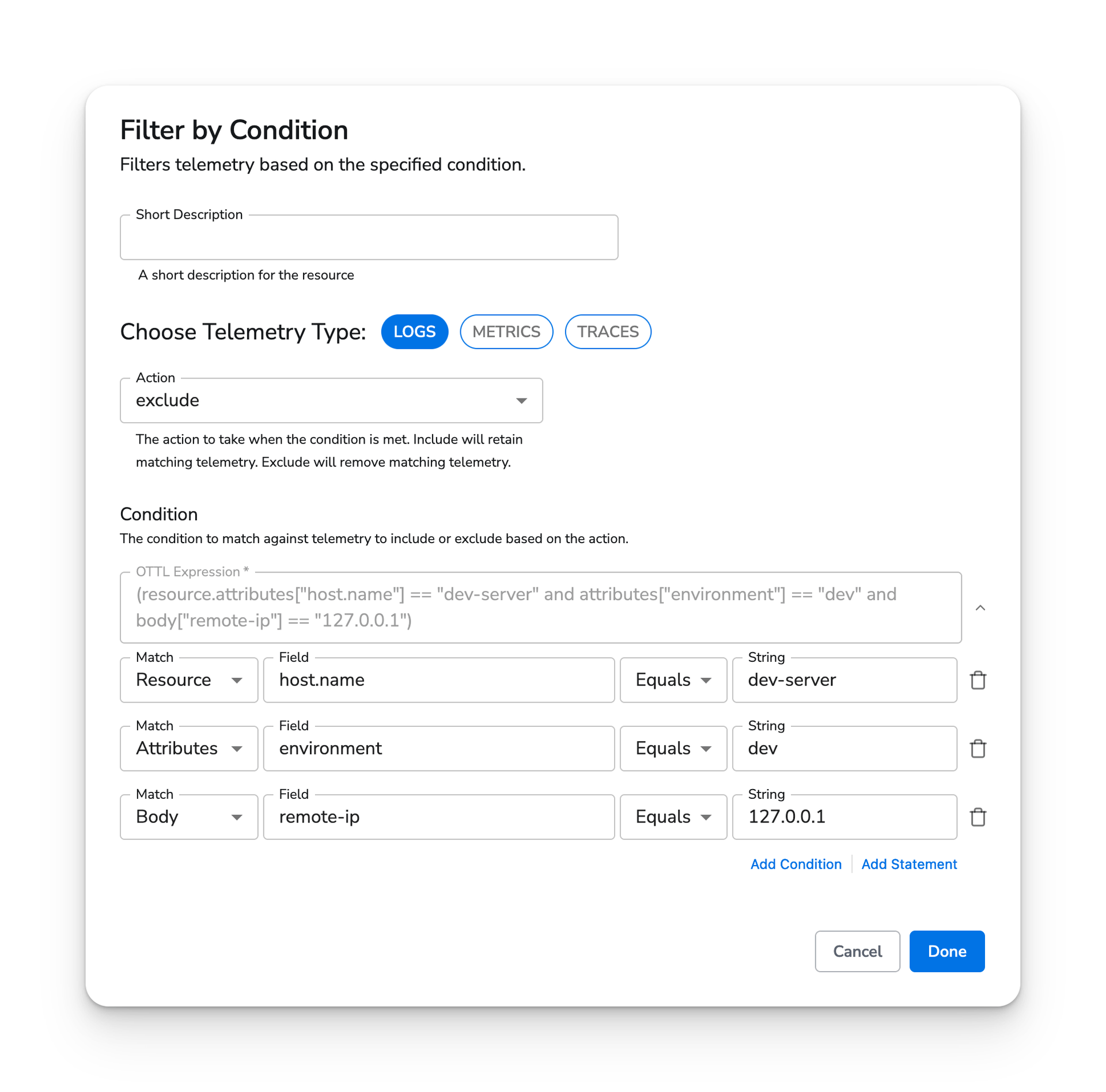 observIQ docs - Filter by Condition