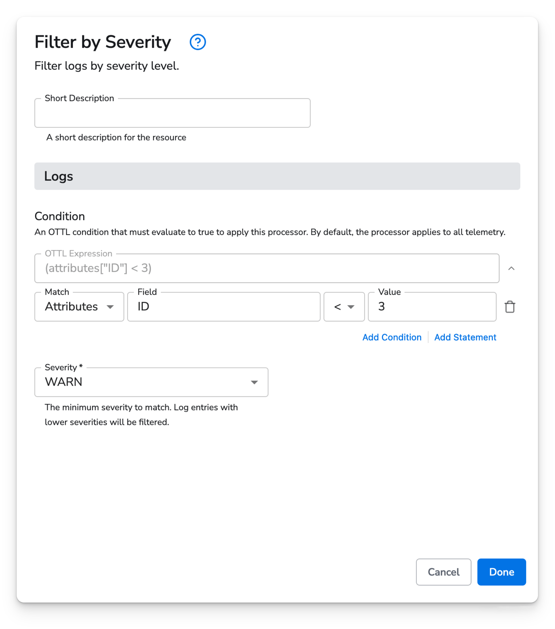 observIQ docs - Filter Severity - image 1