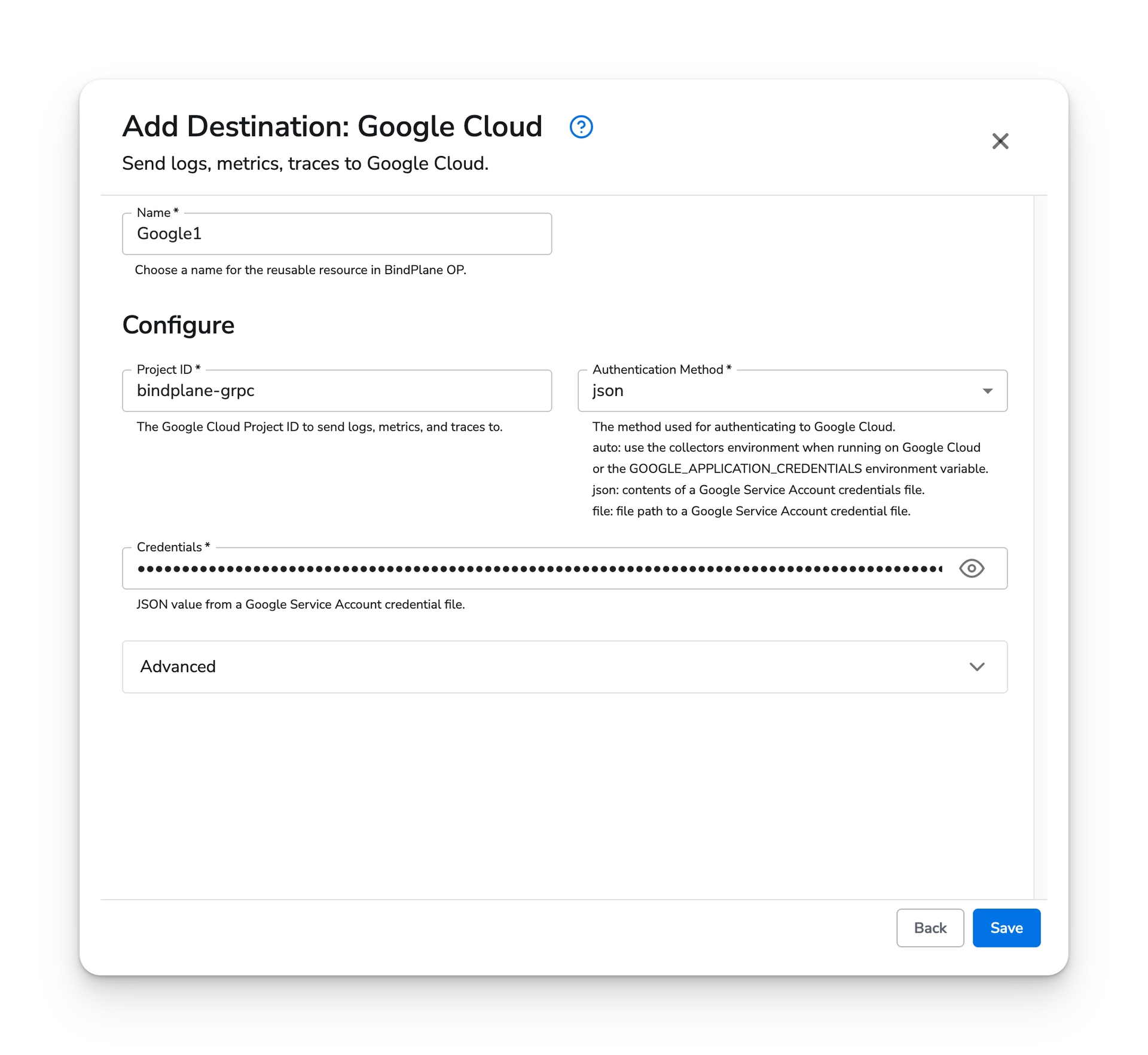 observIQ docs - Google Cloud - json configuration