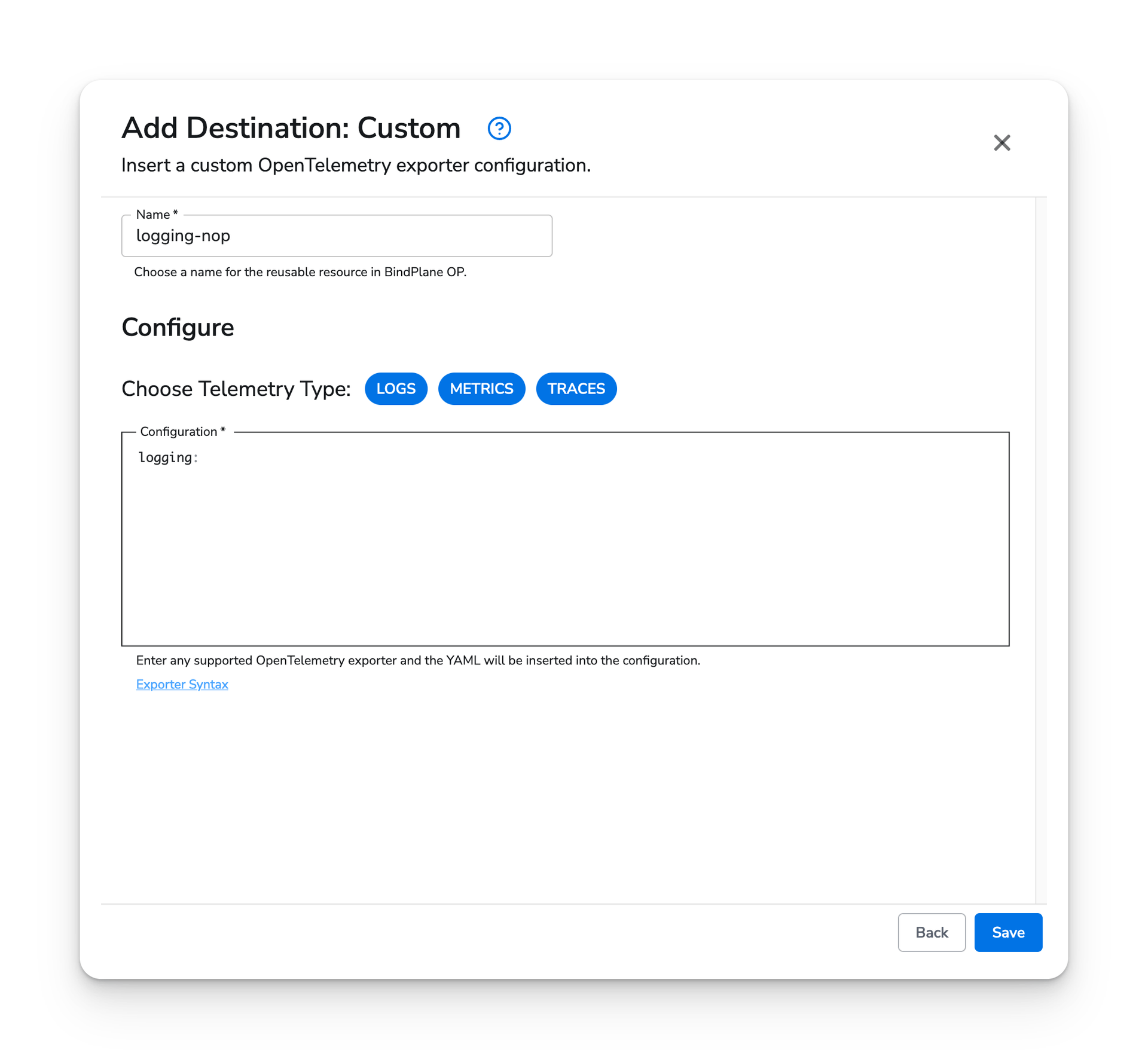 custom destination configuration