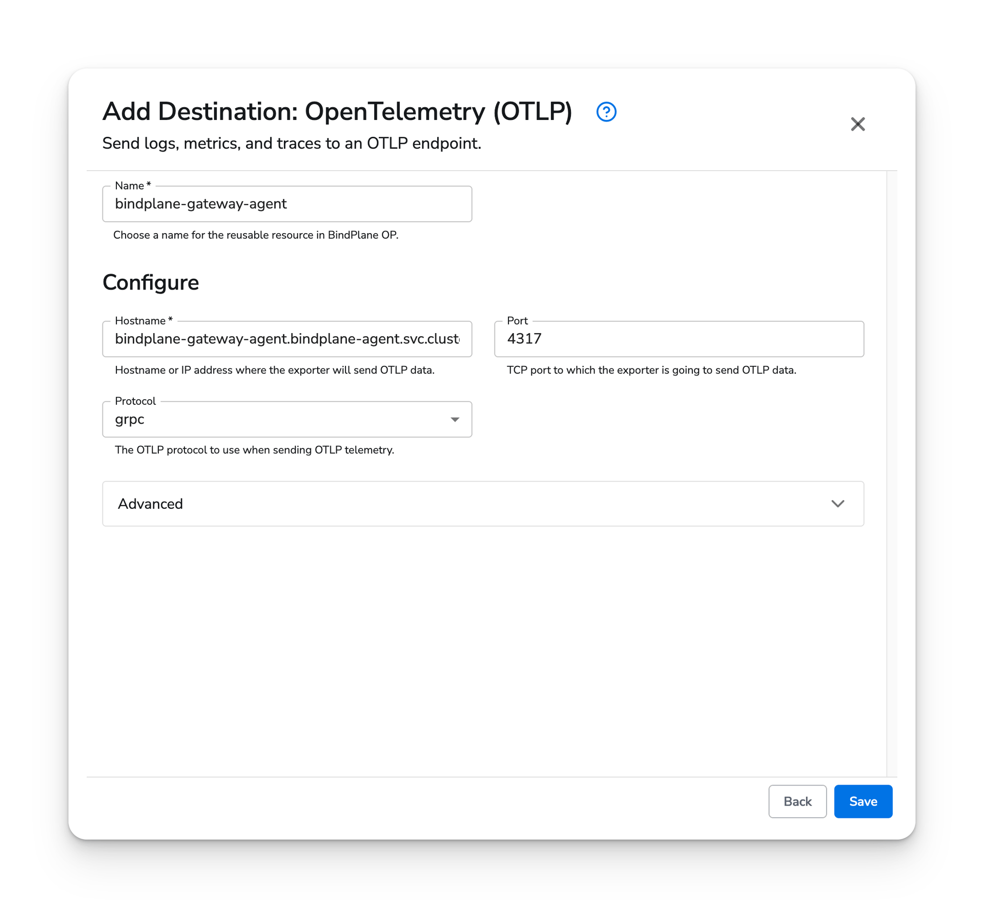 otlp gateway destination configuration